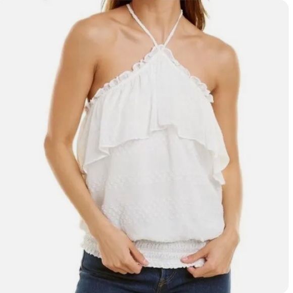 Ramy Brook Jules Ruffled Halter Blouson White Tank (M) - Picture 2 of 5